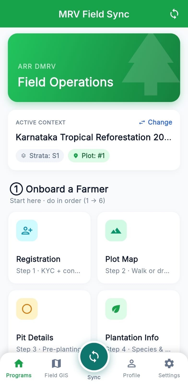 TrueCarbon offline-first field app — field operations sync screen